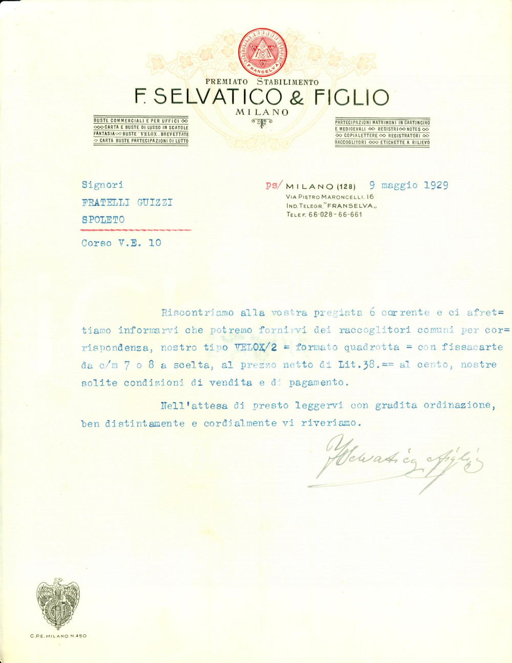 Documento originale, autentico 1929 MILANO Cancelleria SELVATICO & FIGLIO Ordinazione raccoglitori Lettera 1