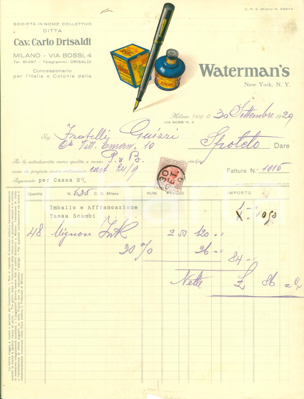 Documento originale, autentico 1929 MILANO Ditta Carlo DRISALDI Concessionario WATERMAN S Fattura ILLUSTRATA 1