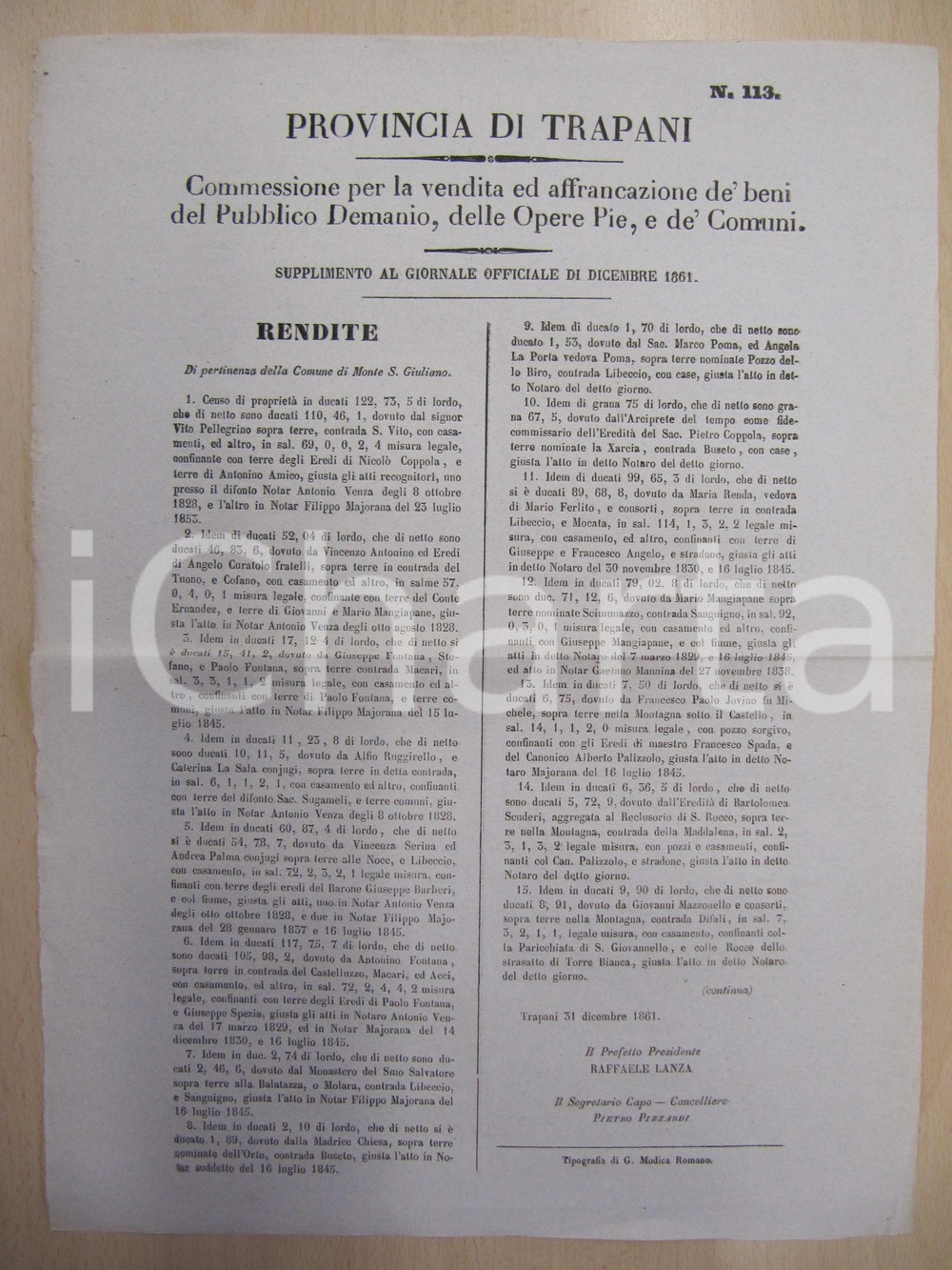 Documento originale, autentico 1861 ERICE TP Rendite Comune MONTE SAN GIULIANO Manifesto 1