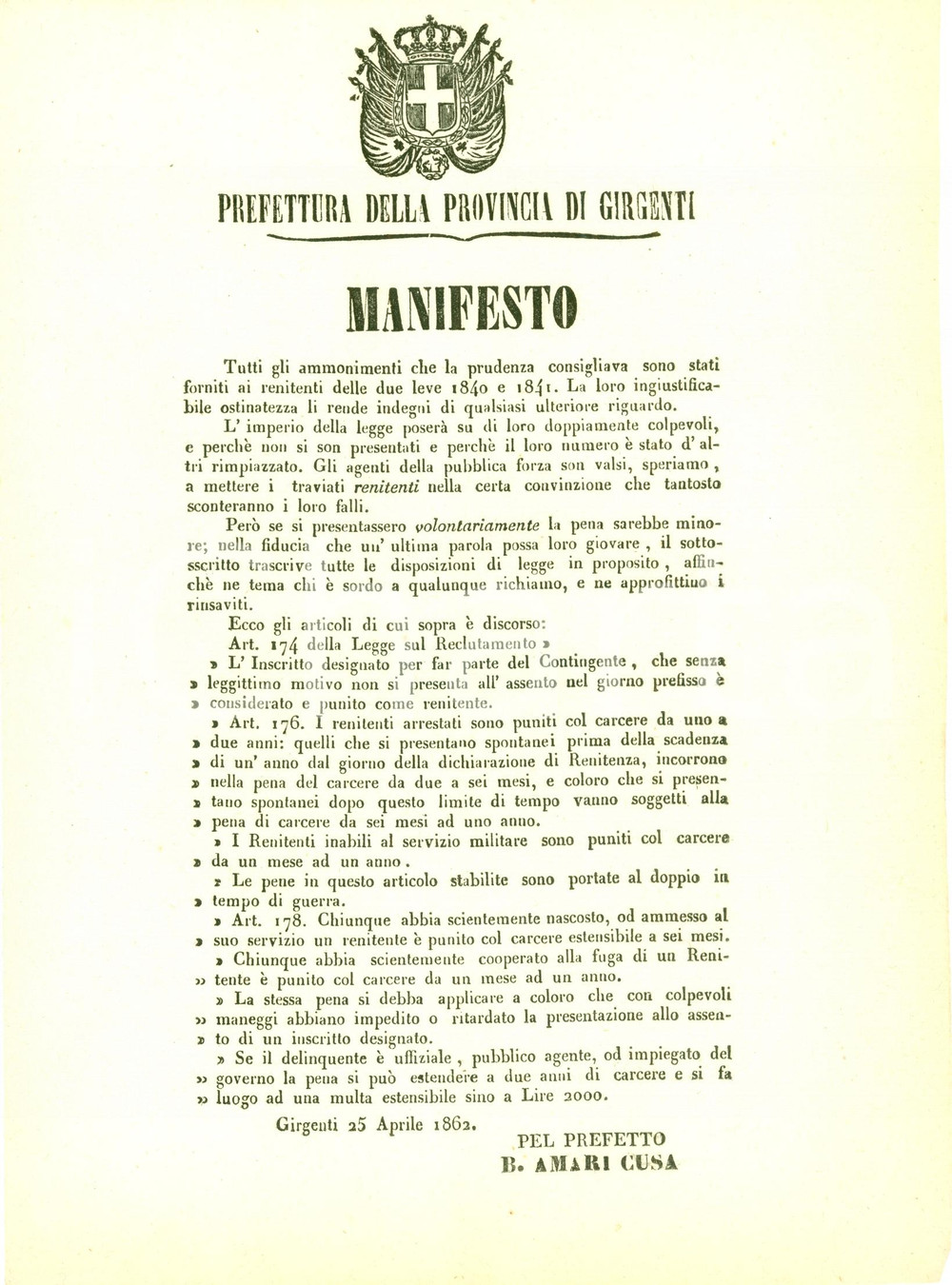 Documento originale, autentico 1862 GIRGENTI AG Ultimatum per i renitenti alla leva MANIFESTINO 1