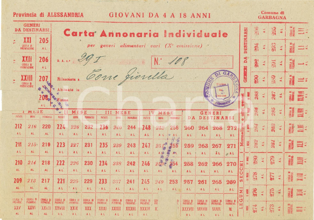 Documento originale, autentico 1940 ca GARBAGNA AL Carta annonaria per giovani da 4 a 18 anni 1