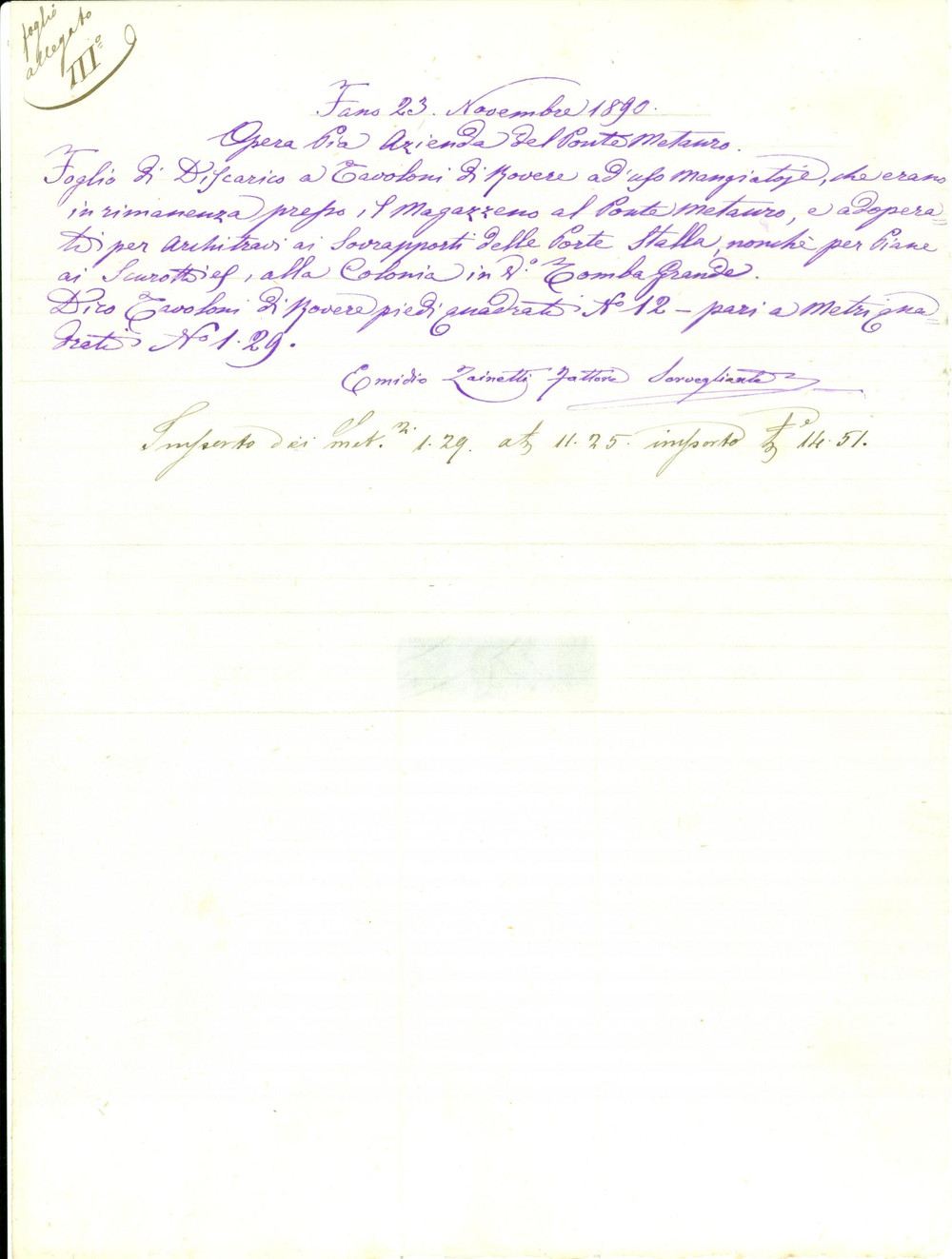 Documento originale, autentico 1890 FANO PU Azienda PONTE METAURO Scarico tavoloni per mangiatoia Documento 1