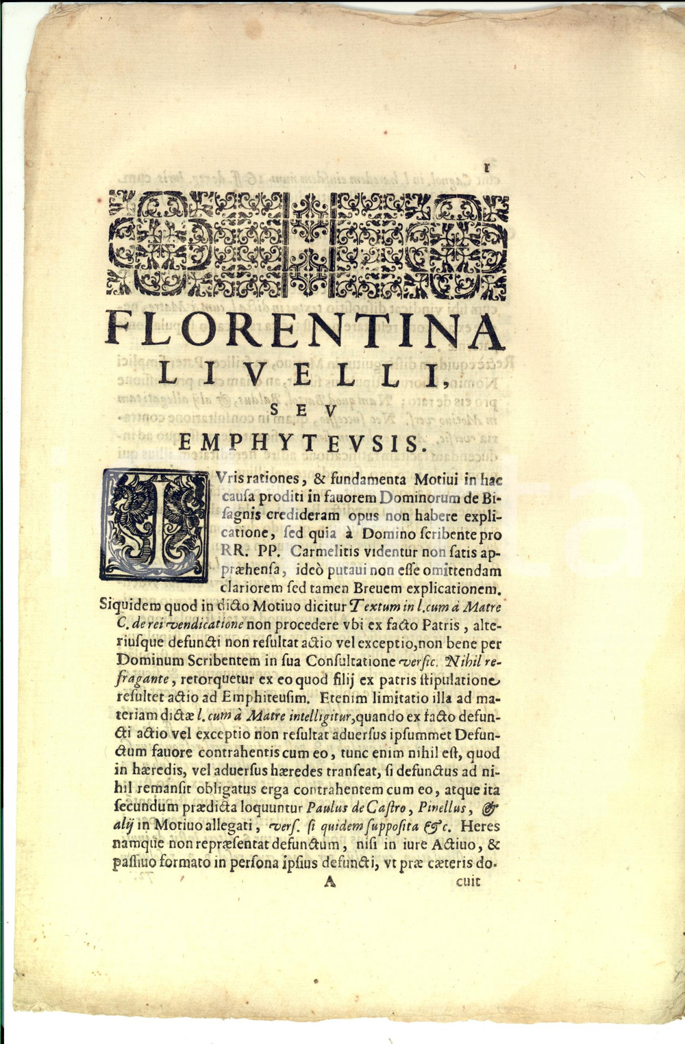 Documento originale, autentico 1684 FIRENZE Lite nobili BISAGNI vs Padri Carmelitani per enfiteusi 1