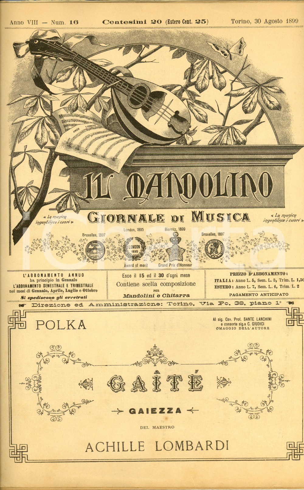 Oggetto da collezione cartaceo 1899 IL MANDOLINO Spartito polka Gaiezza Achille LOMBARDI Sérénade ILLUSTRATO 1