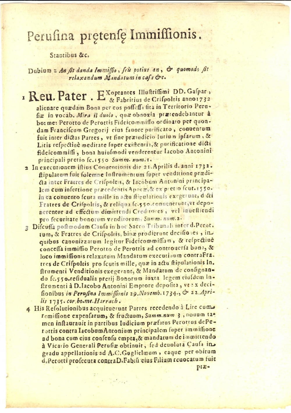 Documento originale, autentico 1740 MIRALDUOLO PG Immissione nei beni venduti da fratelli CRISPOLTI 1