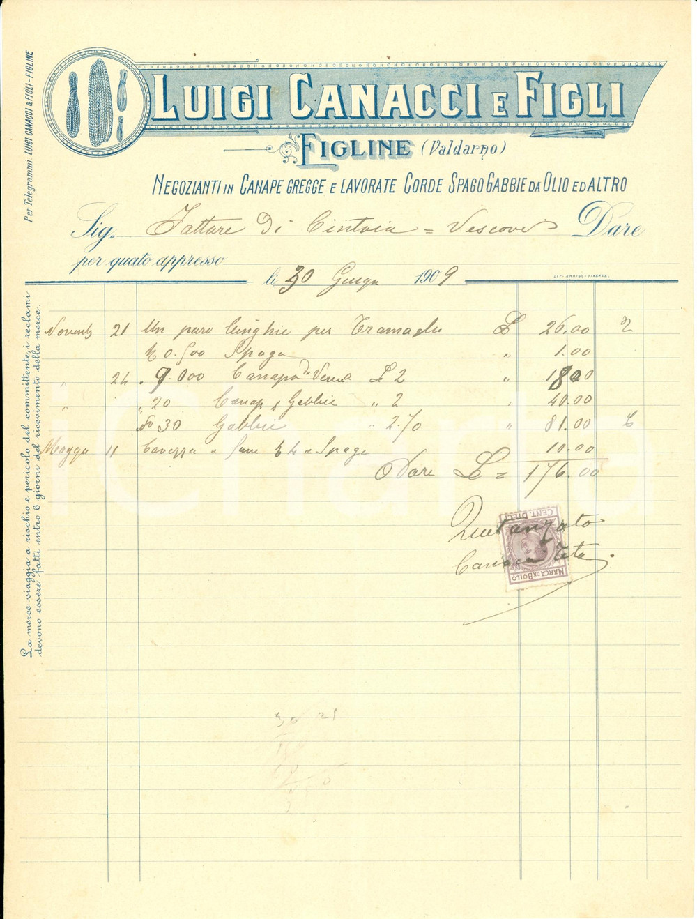 Documento originale, autentico 1909 FIGLINE VALDARNO FI Luigi CANACCI negozianti canape gregge gabbie da olio 1