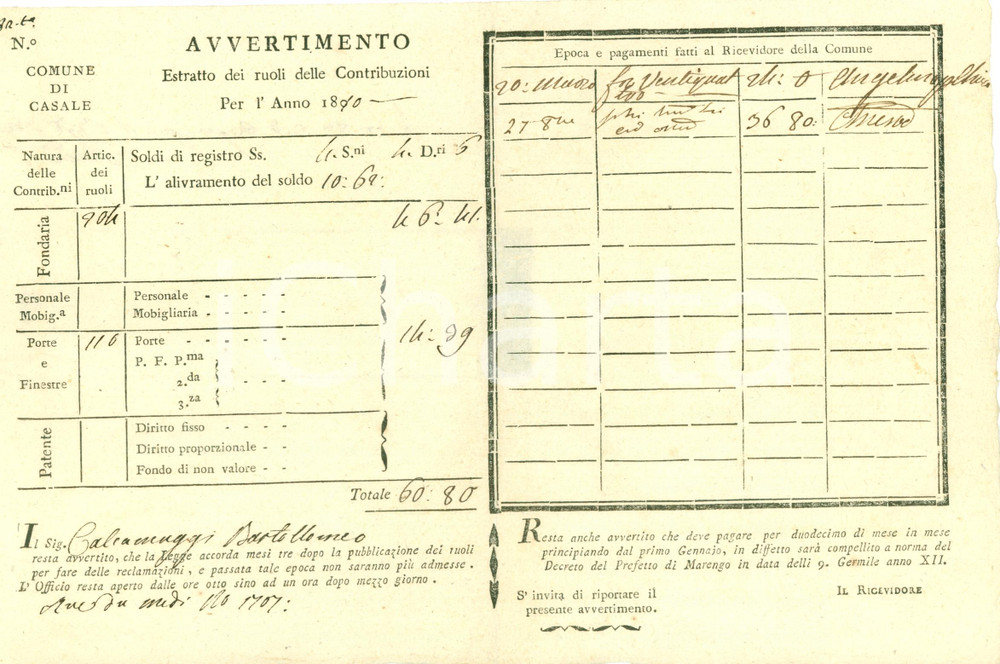 Documento originale, autentico 1810 CASALE MONFERRATO AL Avvertimento per Bartolomeo CALCAMUGGI contributi 1