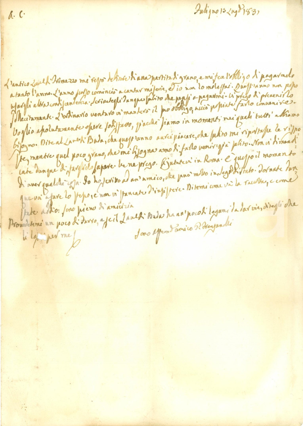Documento originale, autentico 1831 FOLIGNO PG Di questi tempi abbiamo tutti bisogno Giacomo FRENFANELLI 1