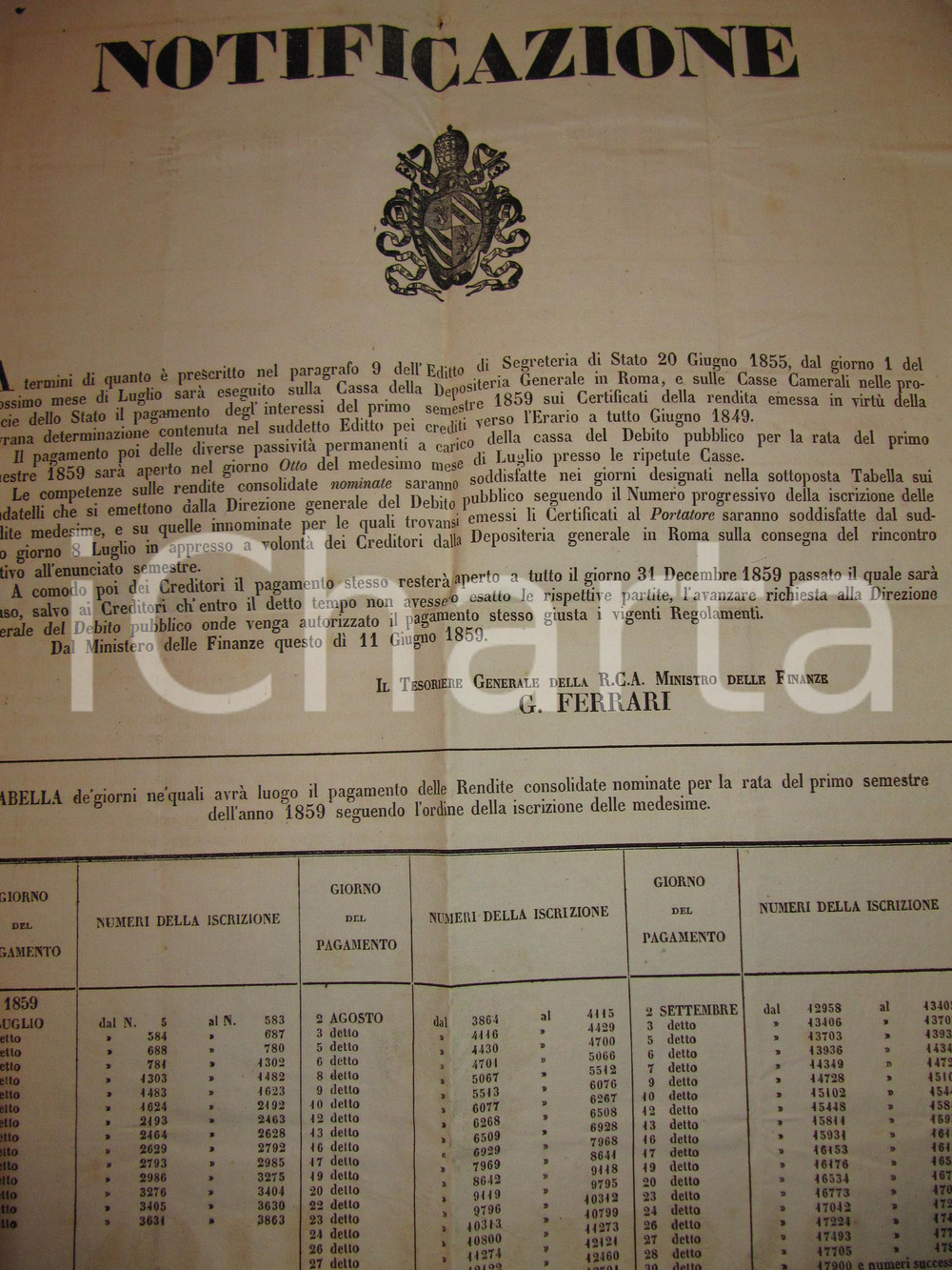 Documento originale, autentico 1859 STATO PONTIFICIO ROMA Rendite su crediti verso l Erario Manifesto 30 x 43 1