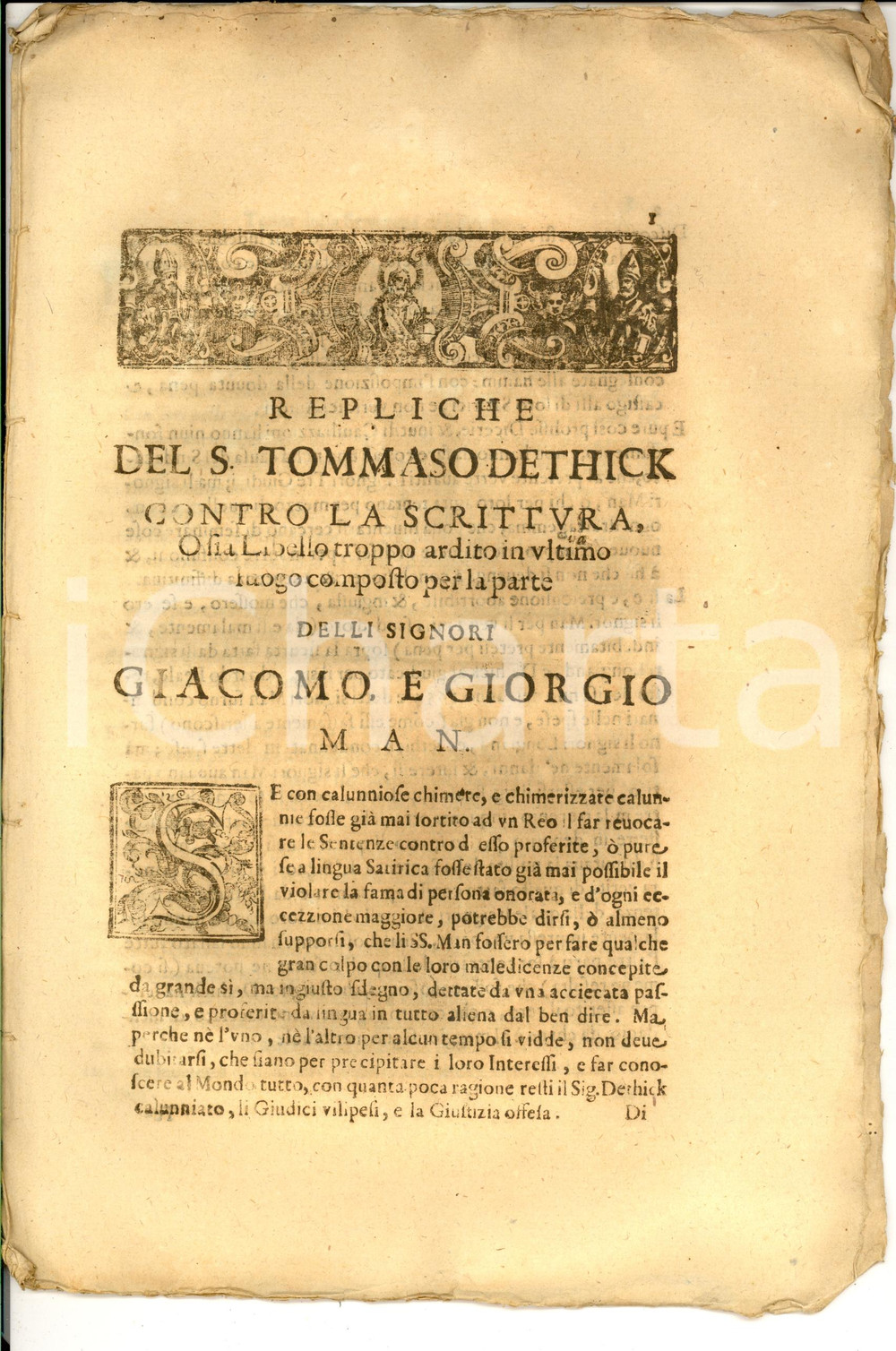 Documento originale, autentico 1668 LIVORNO Difesa del mercante Thomas DETHICK calunniato da James MAN 1