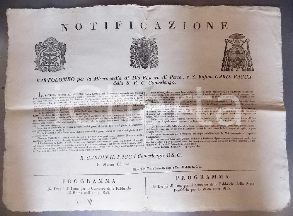 Documento originale, autentico 1824 STATO PONTIFICIO Concorso drappi di lana Fabbriche di ROMA Manifesto 1