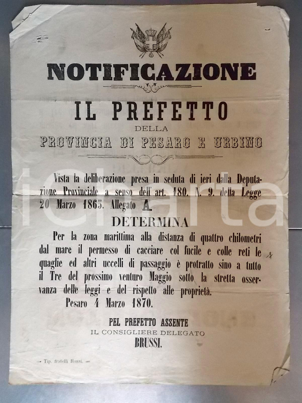 Documento originale, autentico 1870 PESARO Regole per la caccia con fucili in zona marittima Manifesto 1