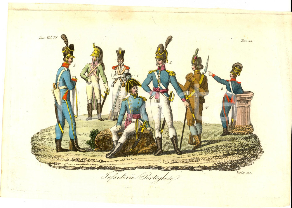 Stampa, bozzetto originale 1830 ca COSTUME EUROPEO Infanteria portoghese Stampa inc. VERICO 1
