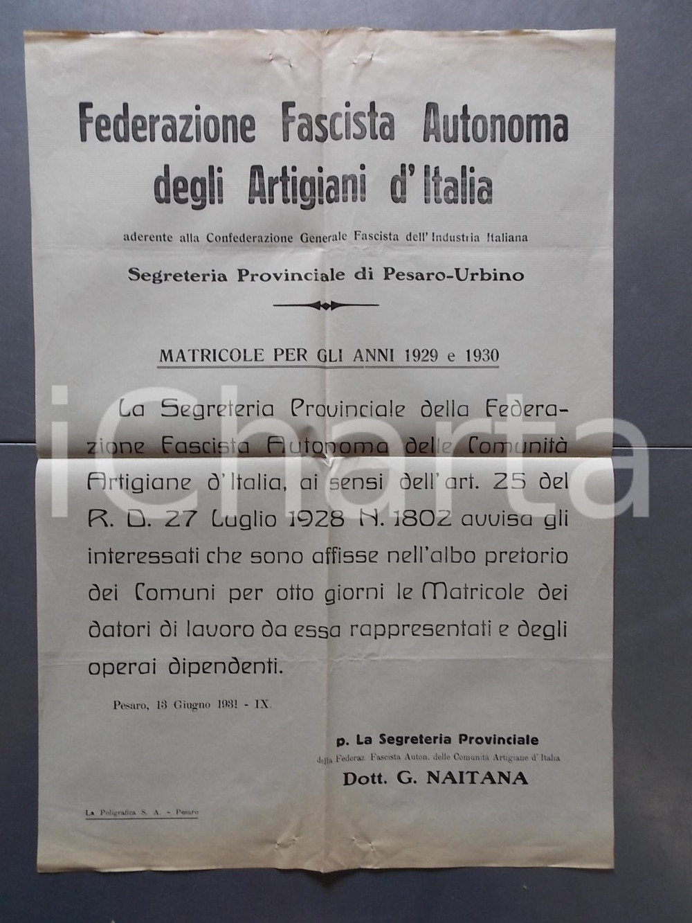 Documento originale, autentico 1931 PESARO Federazione Fascista Artigiani  Matricole datori lavoro Manifesto 1