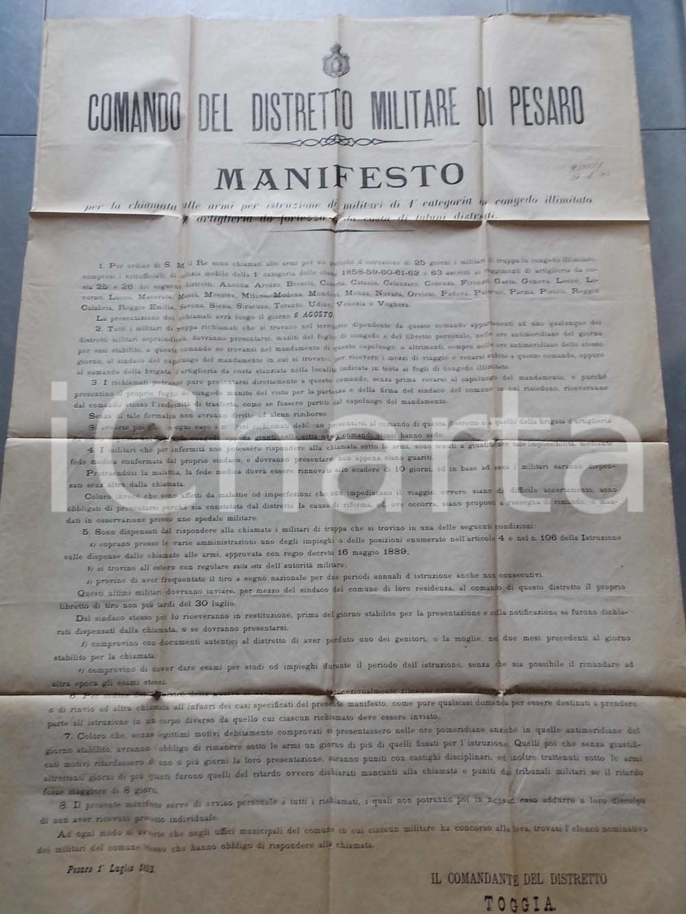 Documento originale, autentico 1893 PESARO Chiamata alle armi per militari in congedo illimitato MANIFESTO 1