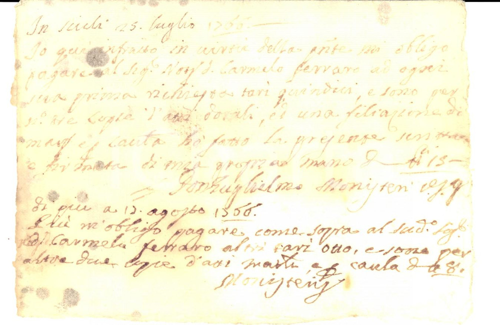 Documento originale, autentico 1766 SCICLI RG Don Guglielmo MONISTERI salda documenti a Carmelo FERRARO 1