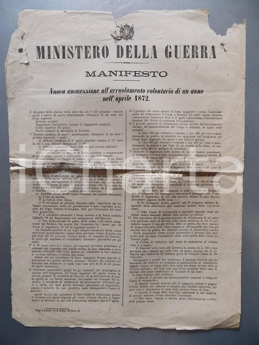 Documento originale, autentico 1872 MINISTERO DELLA GUERRA Arruolamento genio e cavalleria Manifesto 1