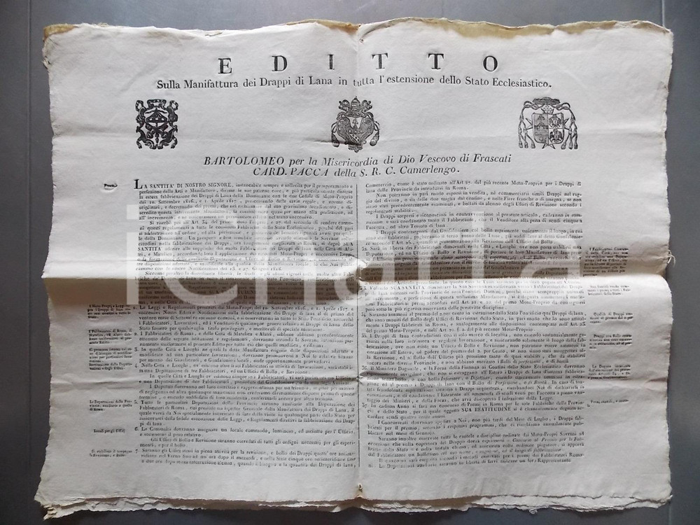 Documento originale, autentico 1820 STATO PONTIFICIO Editto sulla manifattura dei drappi di lana Manifesto 1