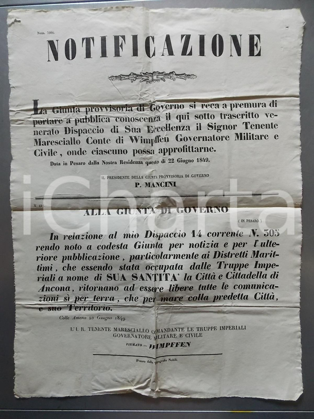 1849 RISORGIMENTO ANCONA Ritorno della città sotto lo STATO PONTIFICIO Manifesto