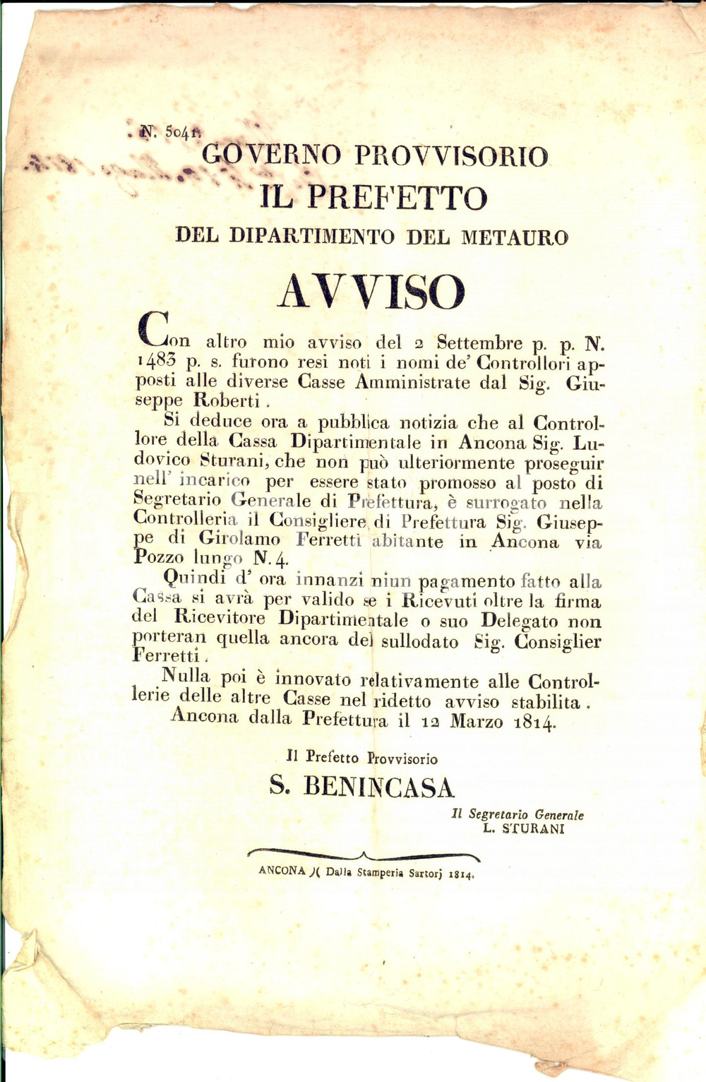 Documento originale, autentico 1814 ANCONA Dipartimento del METAURO Promozione controllore Ludovico STURANI 1