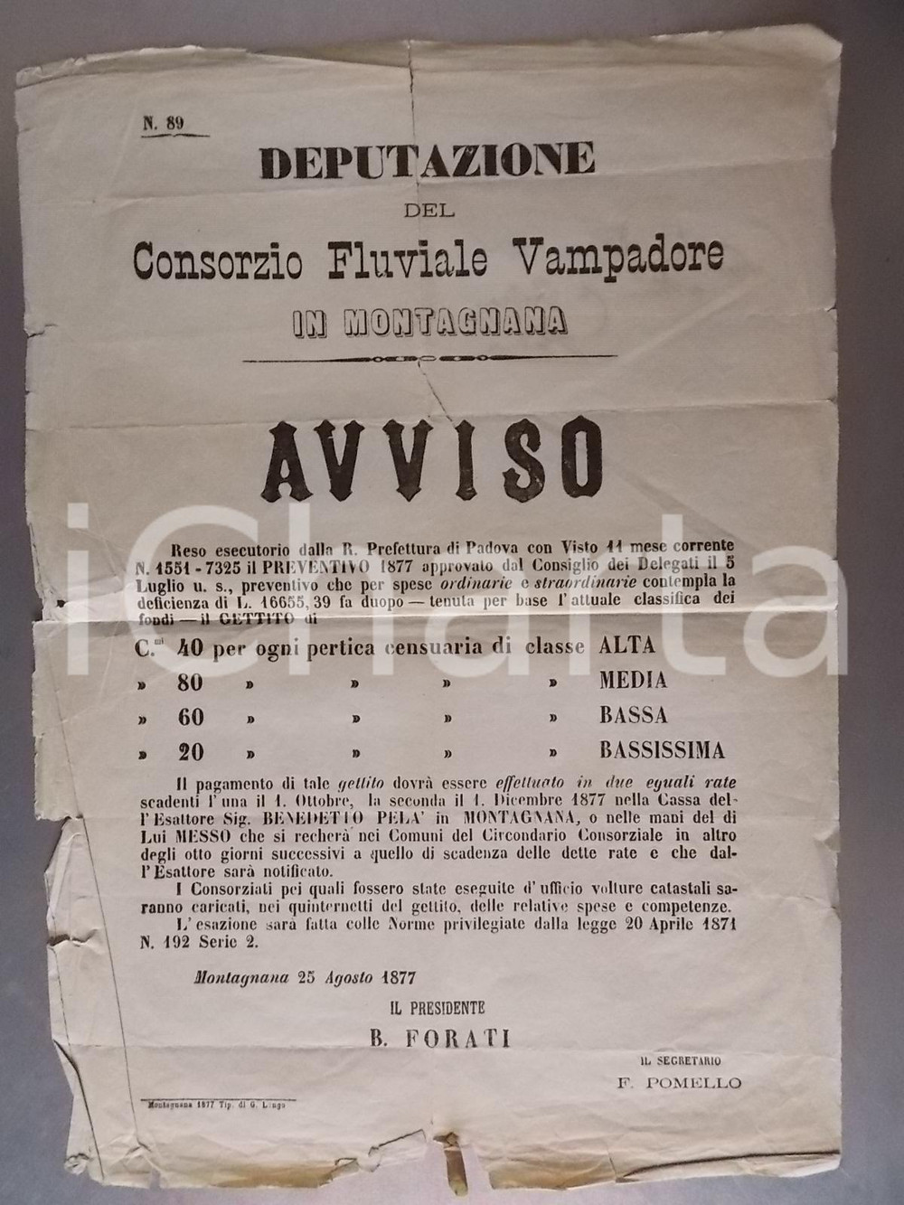 Documento originale, autentico 1877 MONTAGNANA PD Spese Consorzio Fluviale VAMPADORE Manifesto 1