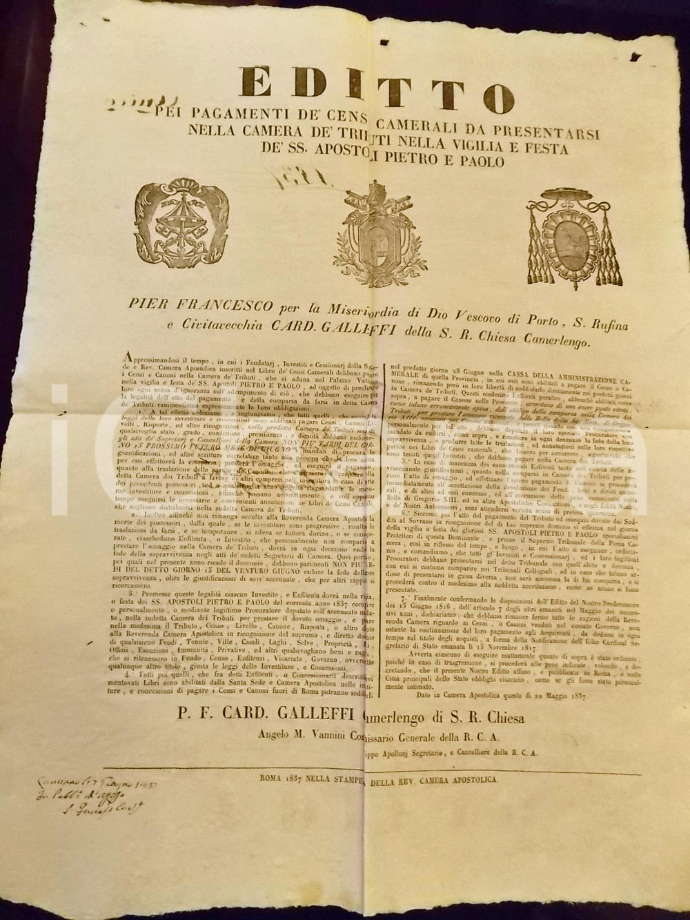 Documento originale, autentico 1837 STATO PONTIFICIO Editto per il pagamento dei censi camerali Manifesto 1