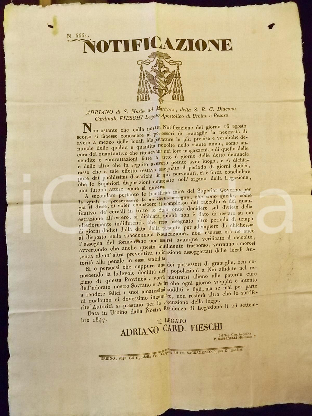 Documento originale, autentico 1847 URBINO Censimento grano prodotto nello STATO PONTIFICIO Manifesto 1