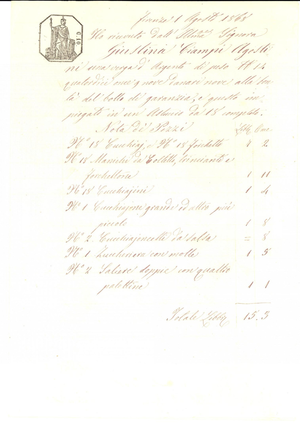 Documento originale, autentico 1868 FIRENZE Conto di Tommaso GIANNETTI per un servizio di posate Manoscritto 1