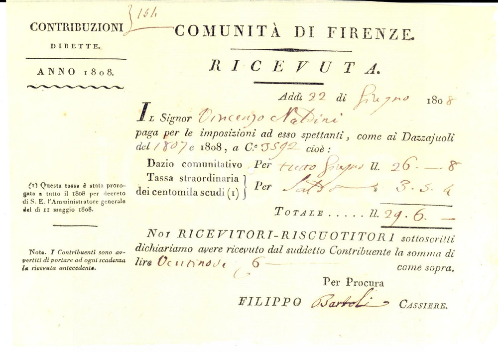 Documento originale, autentico 1808 FIRENZE Vincenzo NALDINI DEL RICCIO versa dazio comunitativo 1