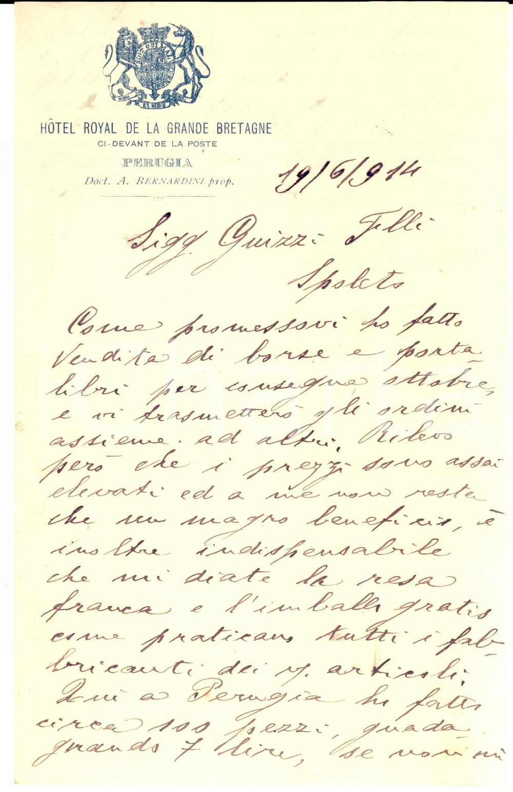 Manoscritto, lettera originale 1914 PERUGIA Hotel ROYAL DE LA GRANDE BRETAGNE Carlo TIOZZO vende portalibri 1