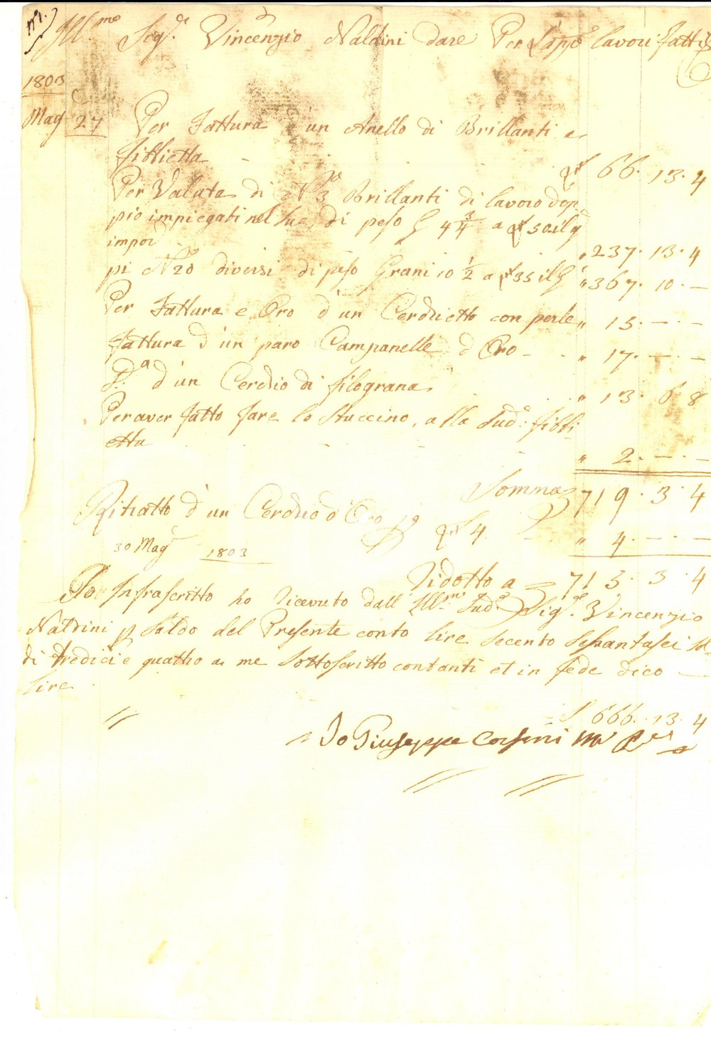 Manoscritto, lettera originale 1803 FIRENZE Conto del gioielliere Giuseppe CORSINI per anello di brillanti 1