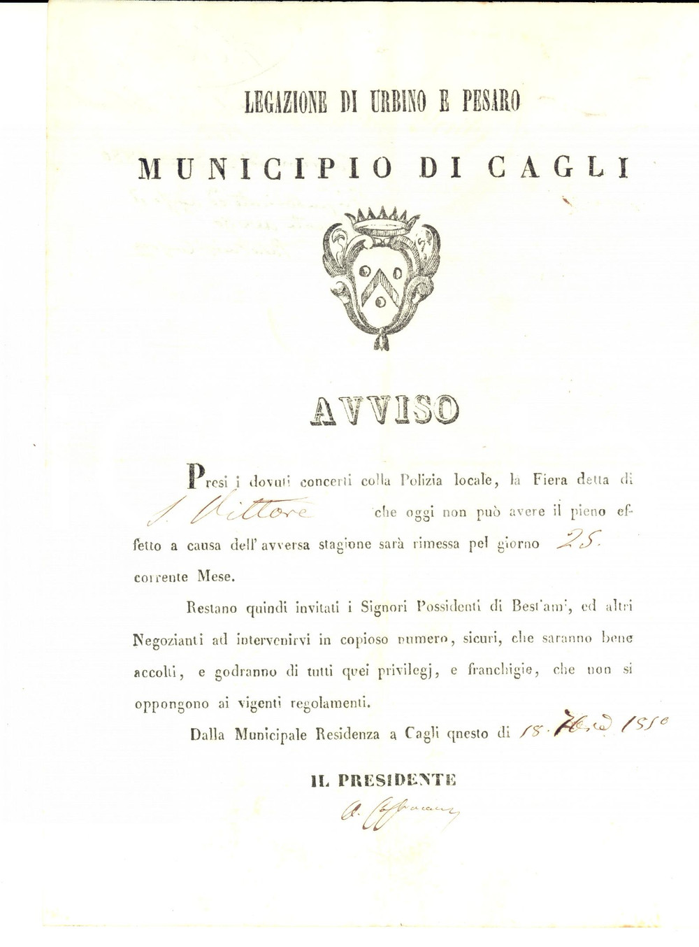 Documento originale, autentico 1850 CAGLI PU Fiera di SAN VITTORE merci e bestiami Manifesto 20 x 26 1