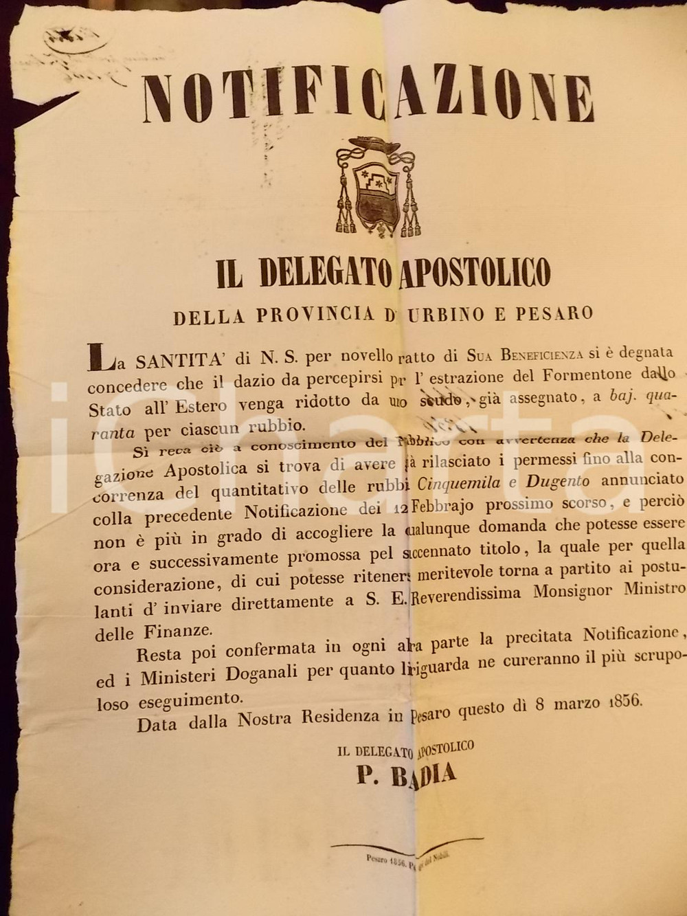 Documento originale, autentico 1856 STATO PONTIFICIO ROMA Dazio su esportazione del formentone Manifesto 1