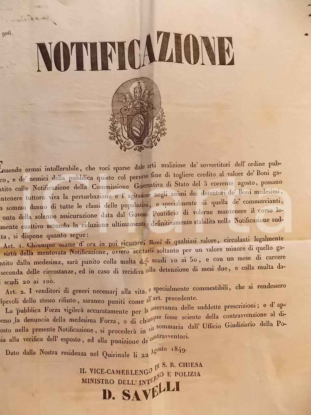 Documento originale, autentico 1849 ROMA Sulla validitÃ  dei buoni emessi dallo STATO PONTIFICIO Manifesto 1