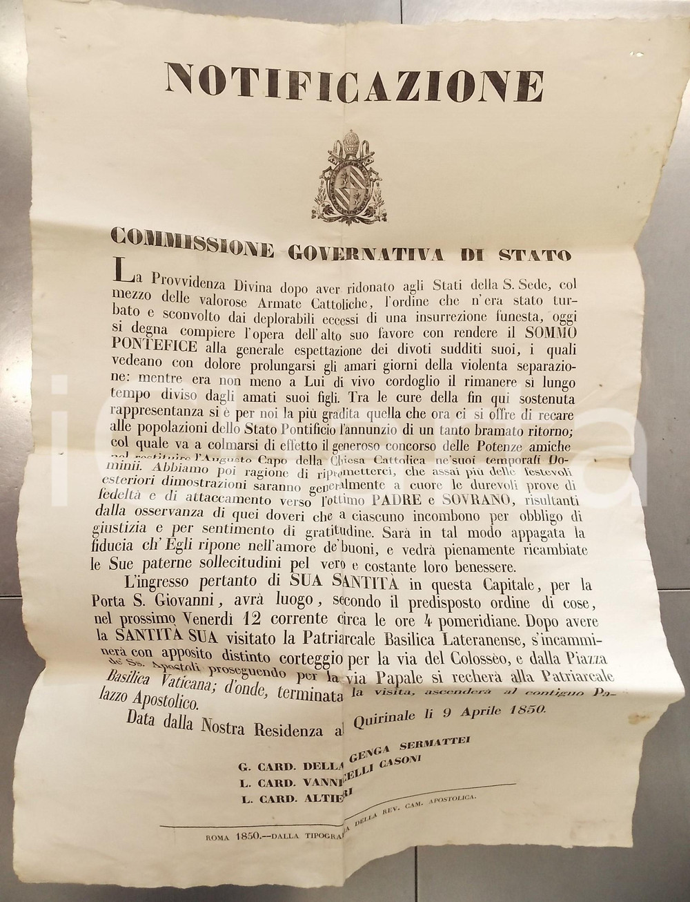 Documento originale, autentico 1850 RISORGIMENTO Ritorno del Papa dopo la REPUBBLICA ROMANA Manifesto 1
