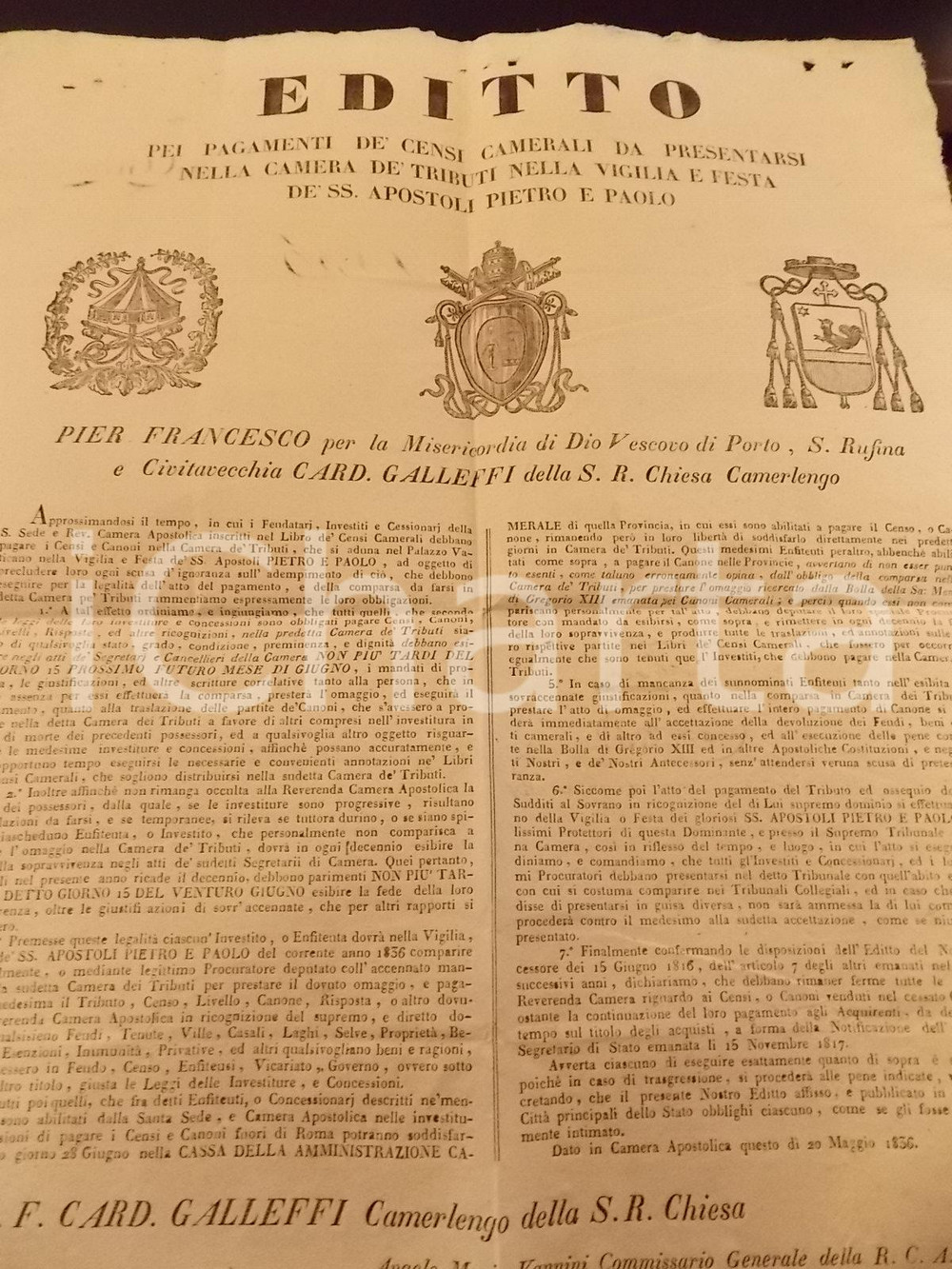 Documento originale, autentico 1836 STATO PONTIFICIO Editto per il pagamento dei censi camerali Manifesto 1