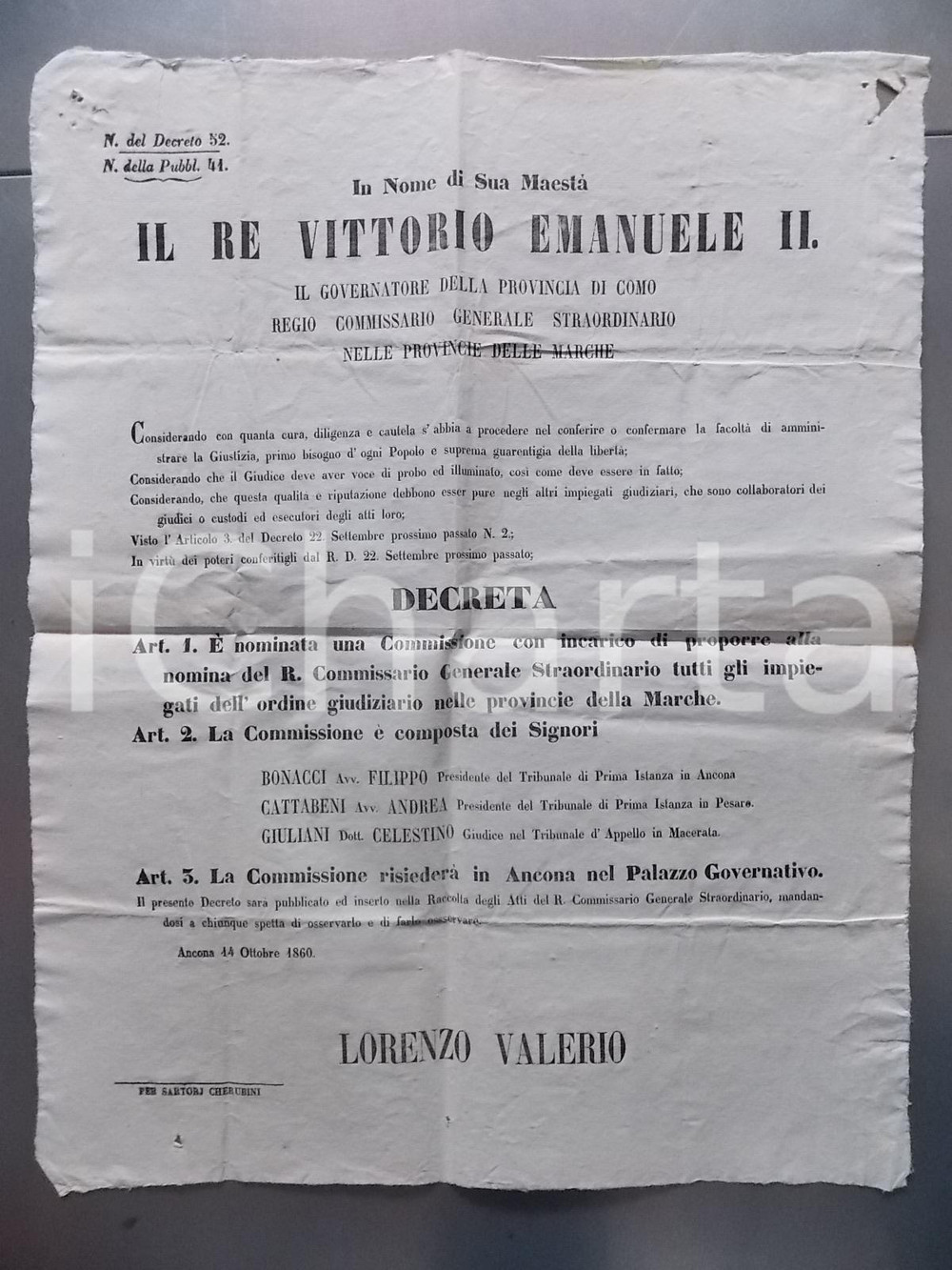 Documento originale, autentico 1860 ANCONA Nomina Commissari per impiegati giudiziari delle Marche Manifesto 1