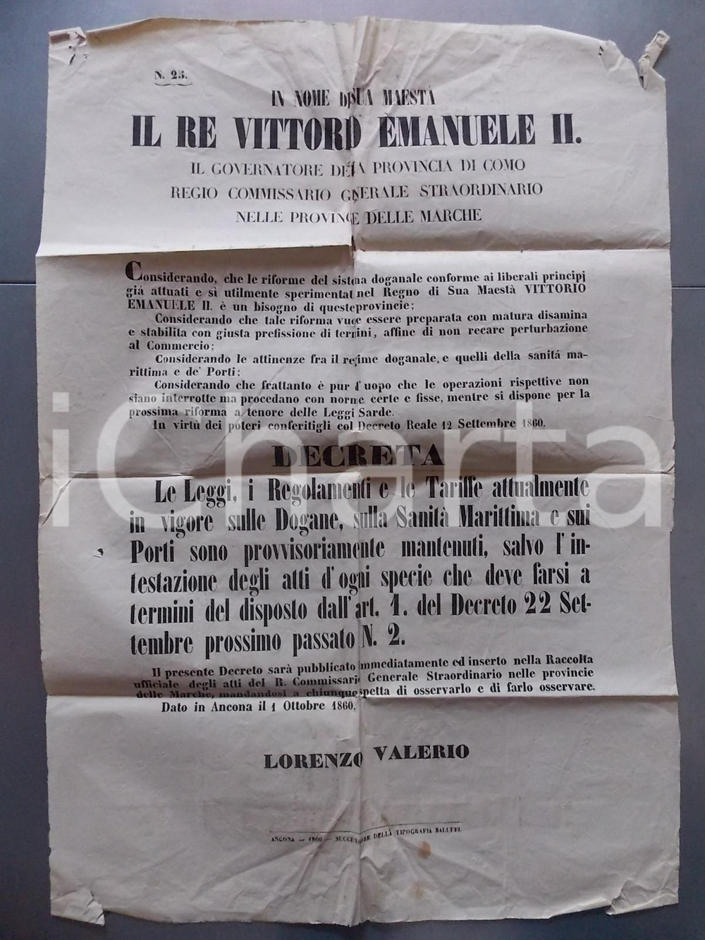 Documento originale, autentico 1860 PESARO Vittorio Emanuele II mantiene norme doganali ex STATO PONTIFICIO 1