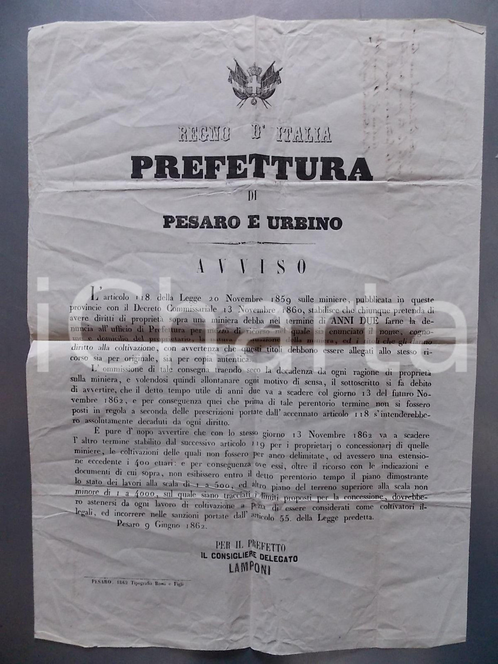 Documento originale, autentico 1862 PESARO Obbligo di denuncia per i proprietari delle miniere Manifesto 1