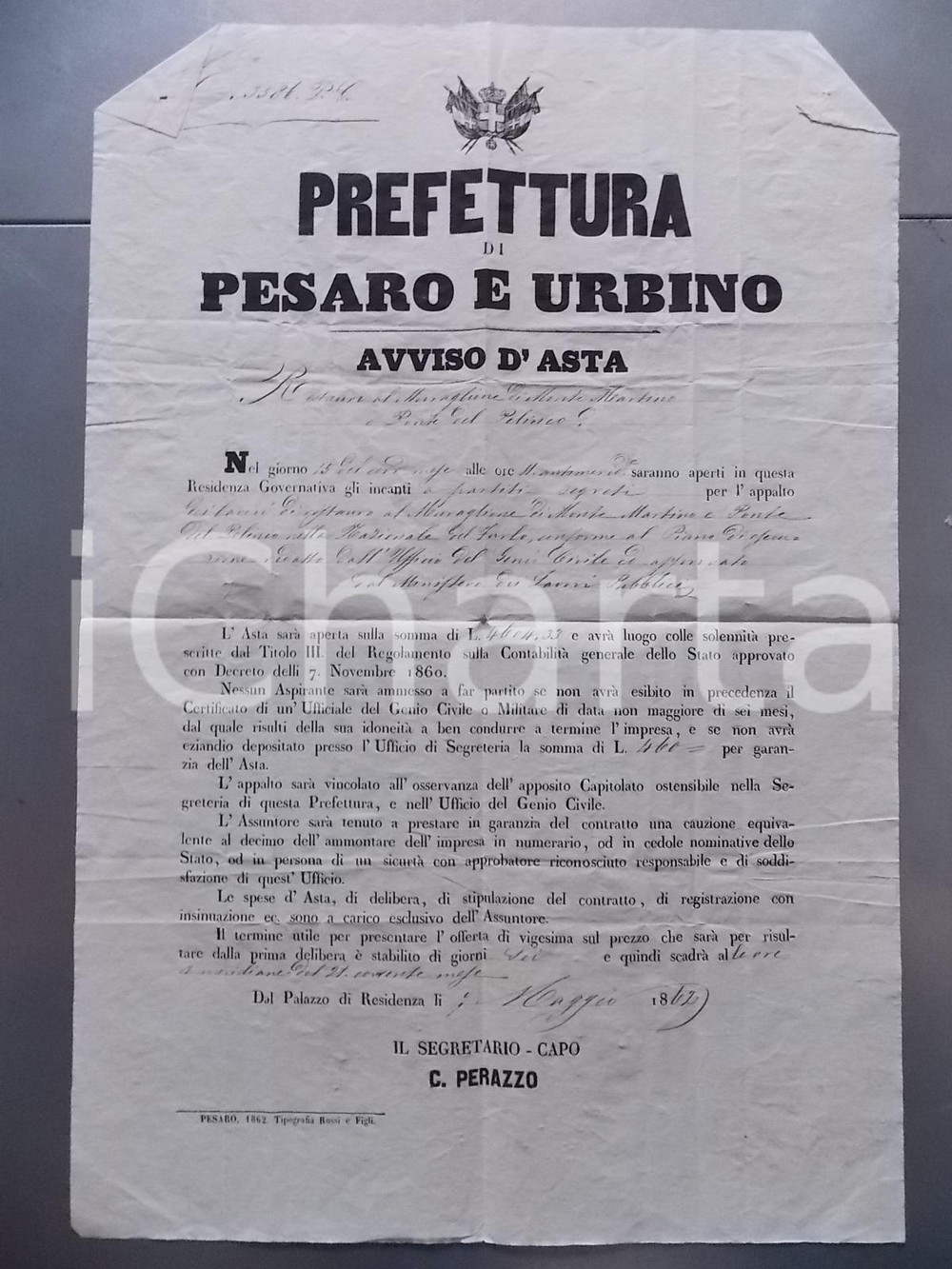 Documento originale, autentico 1862 ACQUALAGNA PU Appalto per restauri muraglione al PONTE DEL PELINGO 1