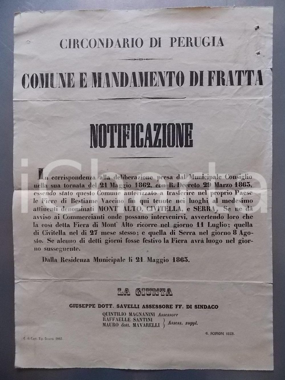 Documento originale, autentico 1863 FRATTA PG Avviso per fiere MONT ALTO CIVITELLA E SERRA Manifesto 20 x 26 1