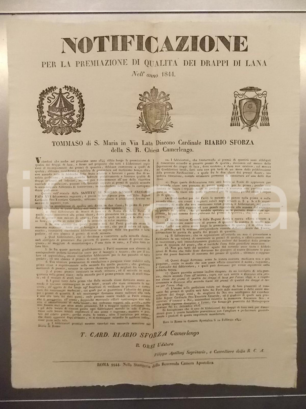 Documento originale, autentico 1844 STATO PONTIFICIO Premi per la manifattura dei drappi di lana Manifesto 1