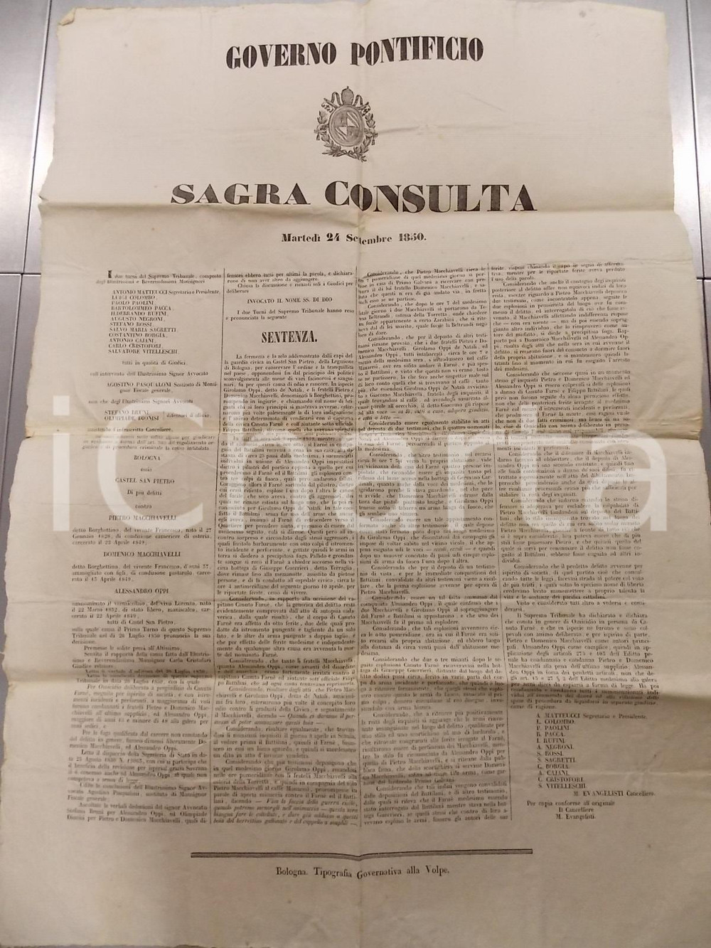 Documento originale, autentico 1850 CASTEL SAN PIETRO BO PENA DI MORTE per omicidio a Domenico MACCHIAVELLI 1