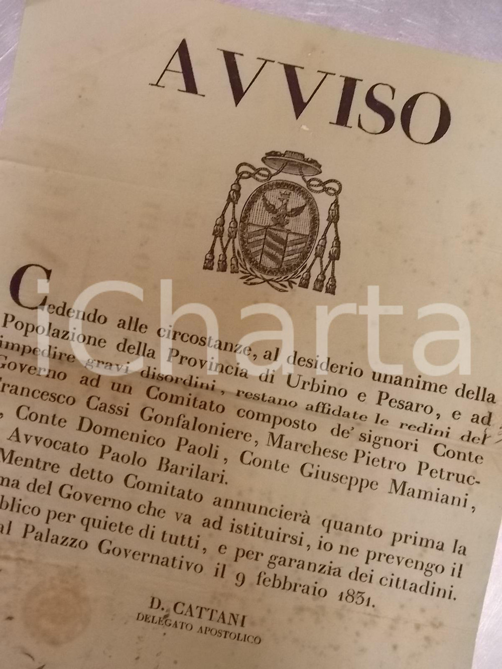Documento originale, autentico 1831 MOTI RISORGIMENTALI PESARO Comitato per governo provvisorio Manifesto 1