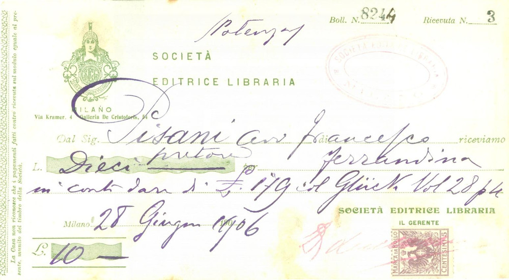 Documento originale, autentico 1906 MILANO Ricevuta S.E.L. SocietÃ  Editrice Libraria per Francesco PISANI 1
