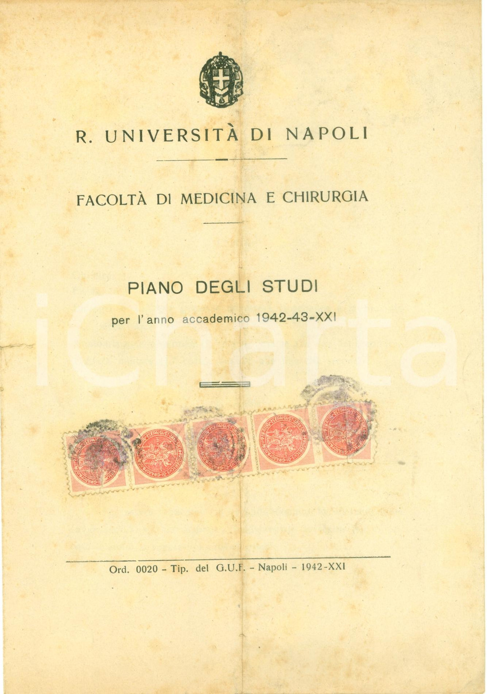 Documento originale, autentico 1942 NAPOLI R. Università Piano di studi Facoltà  MEDICINA E CHIRURGIA 1