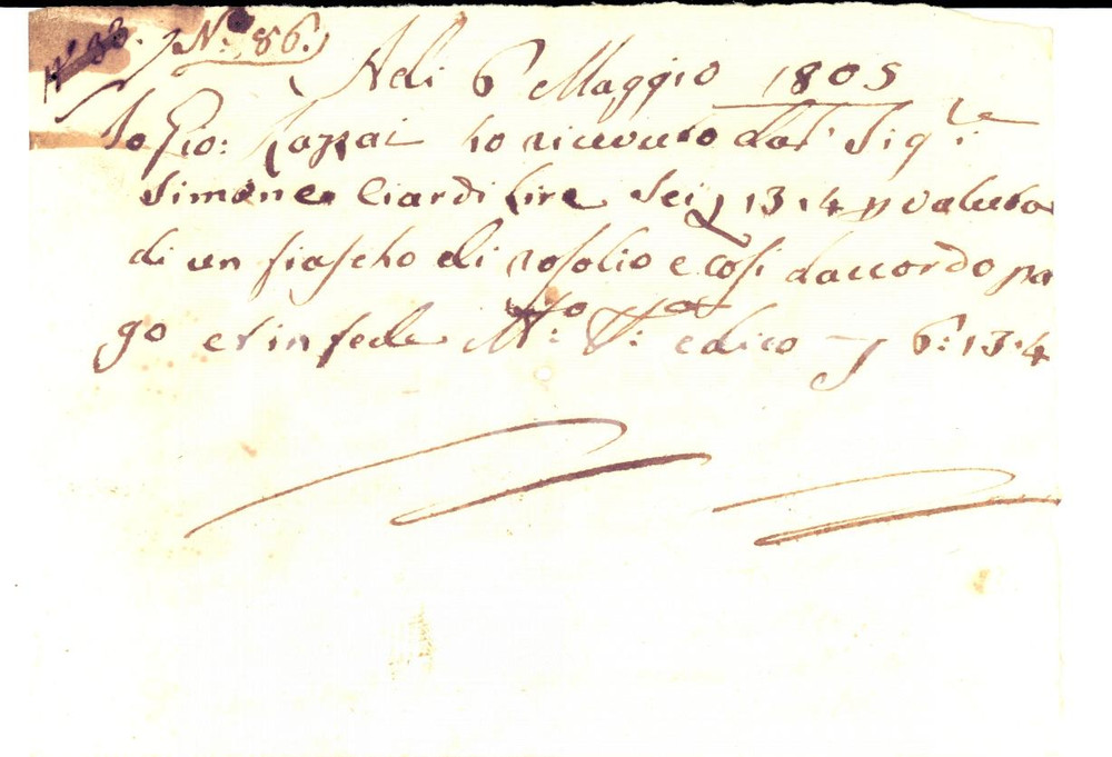 Documento originale, autentico 1805 FIRENZE Simone CIARDI acquista rosolio da Giovanni RAZZAI Ricevuta 1
