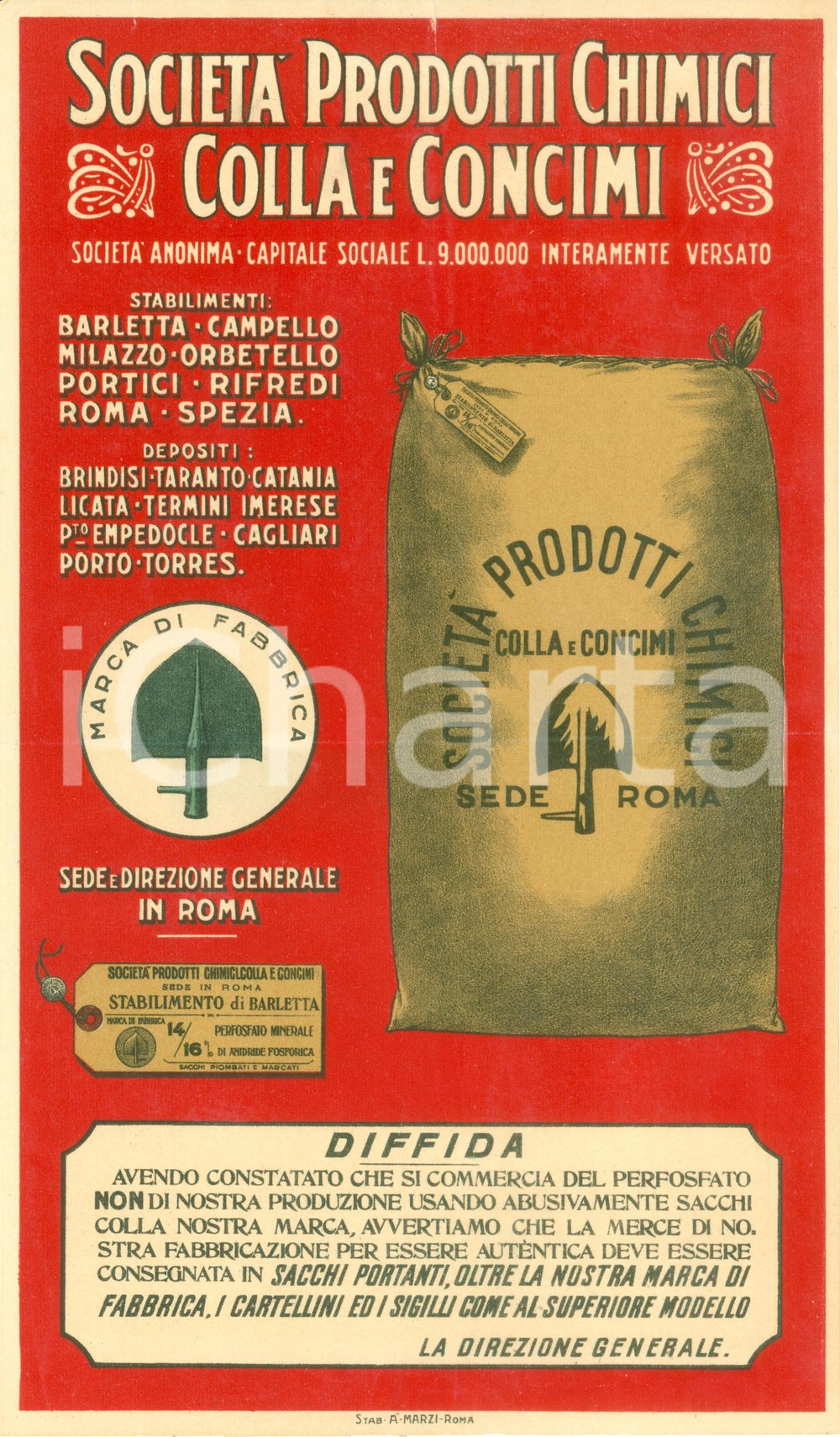 Documento originale, autentico 1935 ca ROMA SocietÃ  Prodotti Chimici Colla Concimi diffida uso abusivo sacchi 1