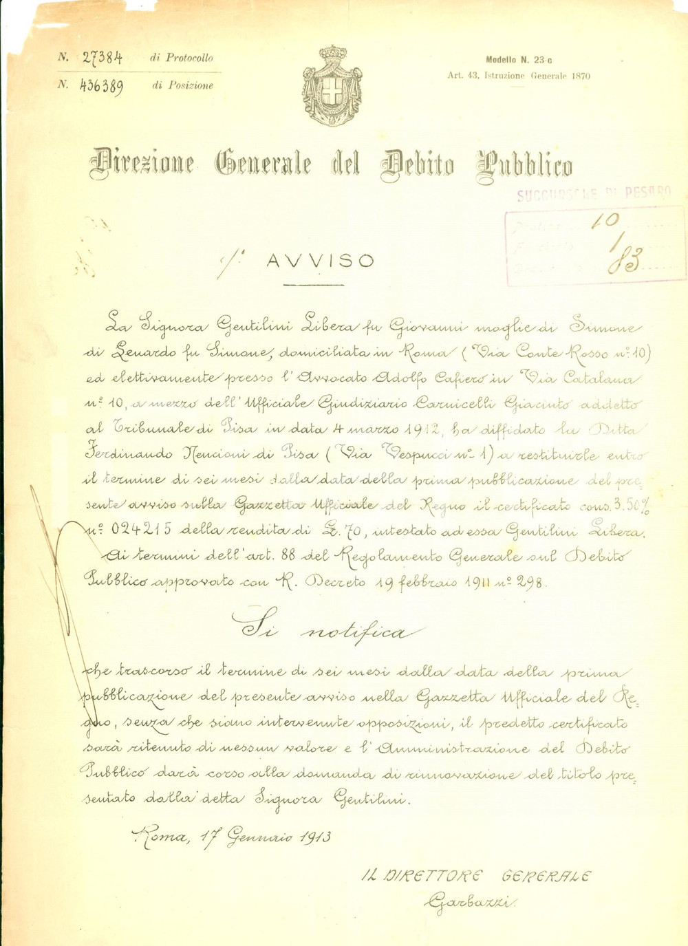 Documento originale, autentico 1913 PISA Ditta Ferdinando NENCIONI restituisca certificato a Libera GENTILINI 1