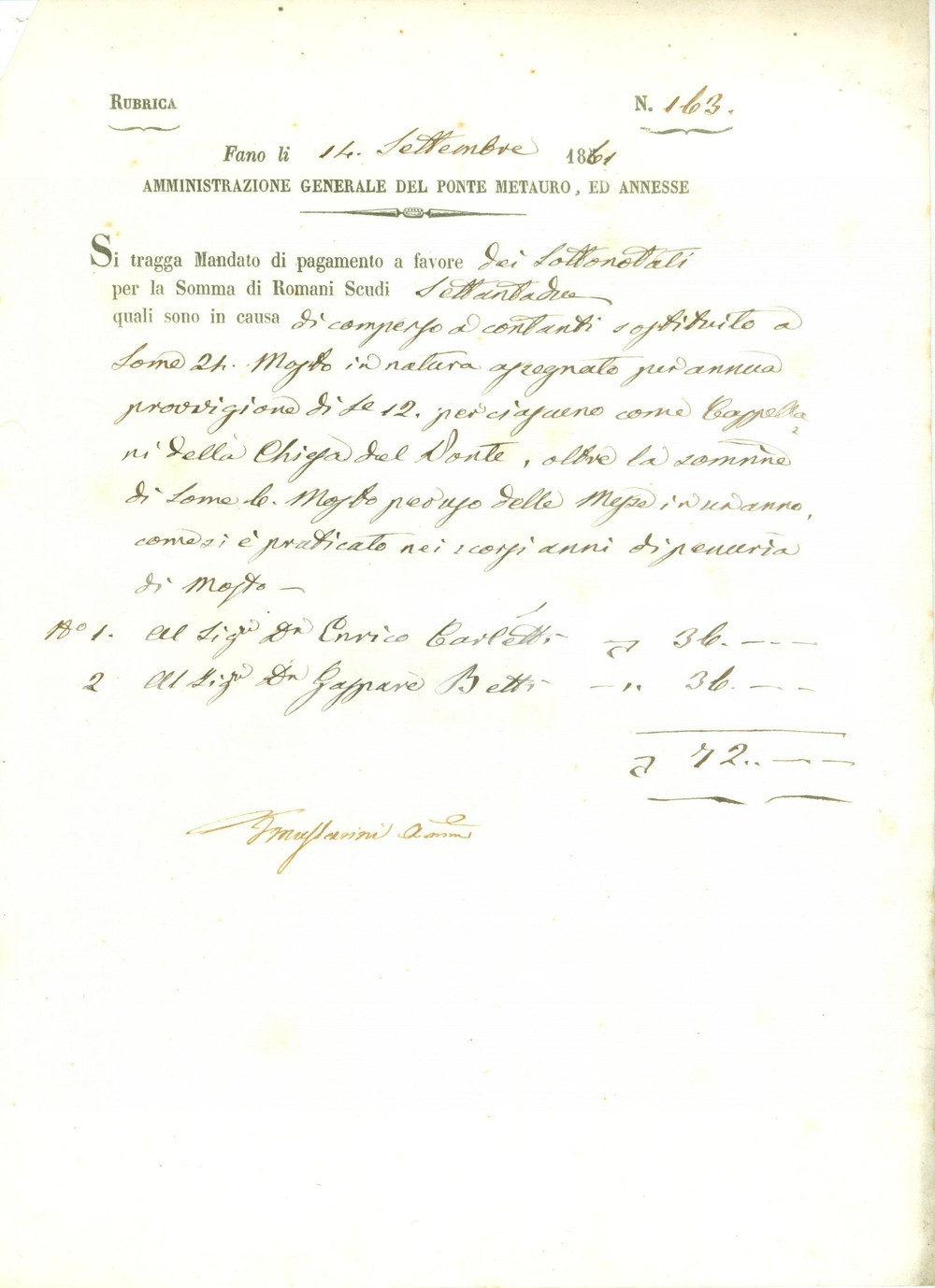 Documento originale, autentico 1861 FANO PU Enrico CARLETTI Gaspare BETTI cappellani Chiesa del PONTE METAURO 1